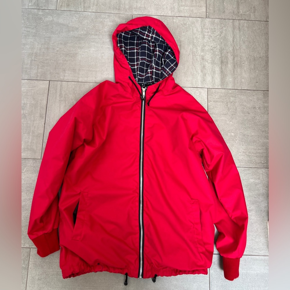 Red rain jacket w cute plaid interior! Made in England & only worn a few times!